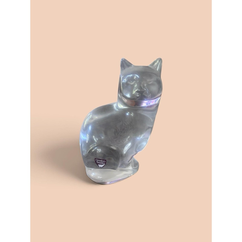 1980'S Orrefors Crystal Cat Figurine Sweden Vintage Collectible Figurine 5.5"